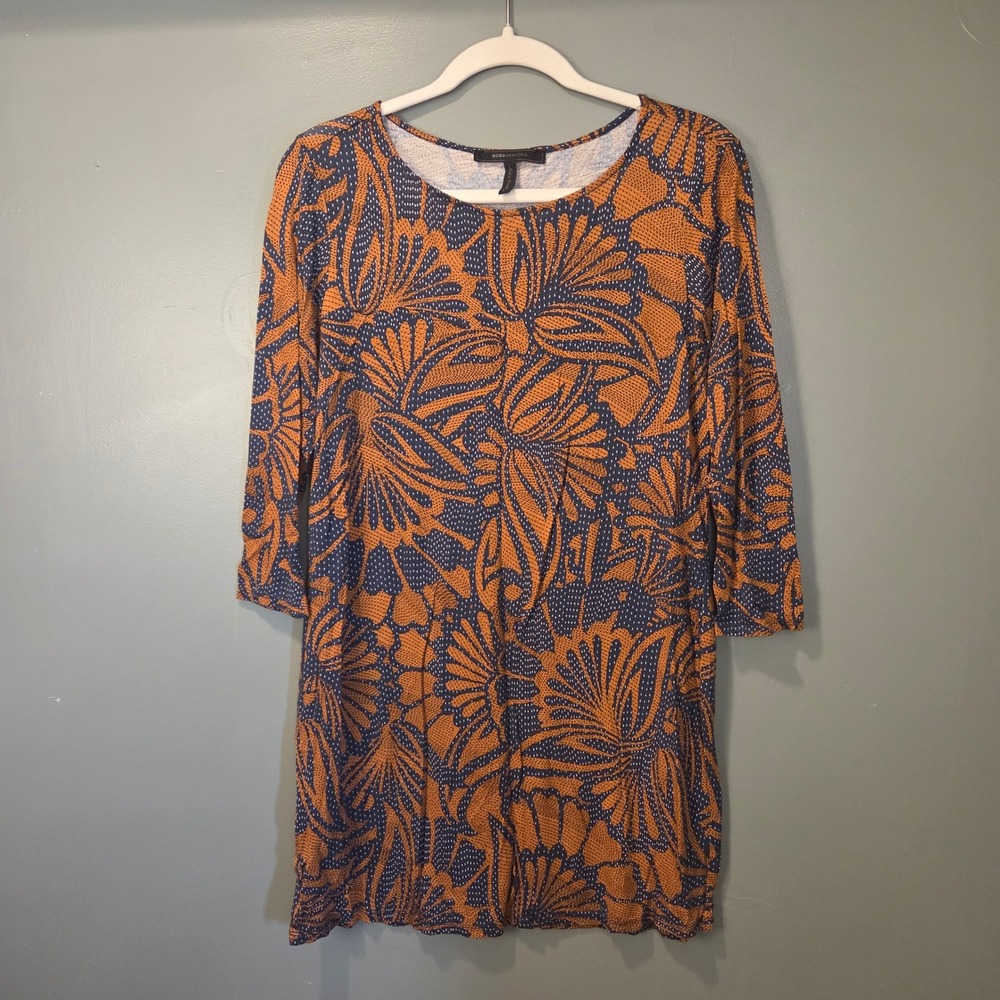 BCBGMAXAZRIA Floral Print Mini Shirt Dress 3/4 Sleeves Women's L Orange‎ Blue